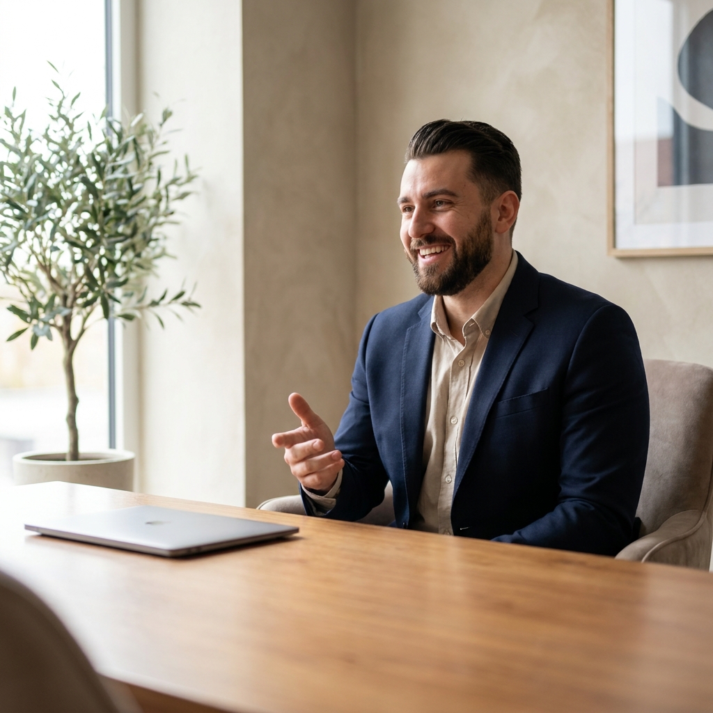 Confident man discussing hair loss treatment options for men in a modern consultation setting