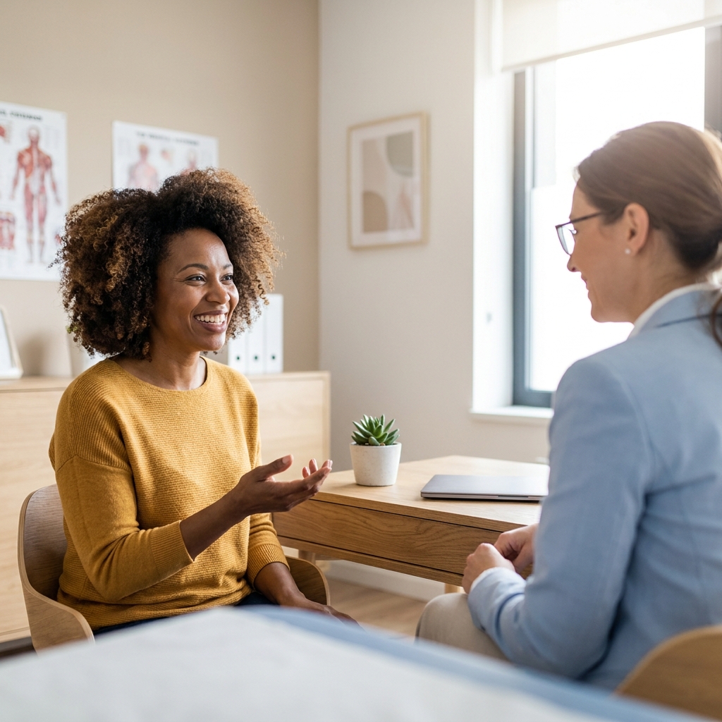 Confident woman consulting a doctor about hair transplant for African American women near me
