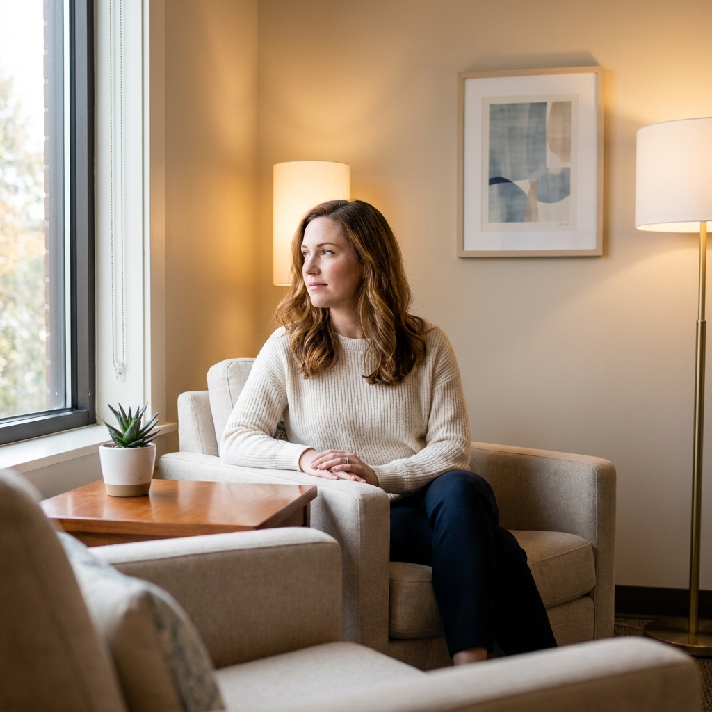 Woman calmly considering treatment for telogen effluvium hair loss in a bright clinic setting