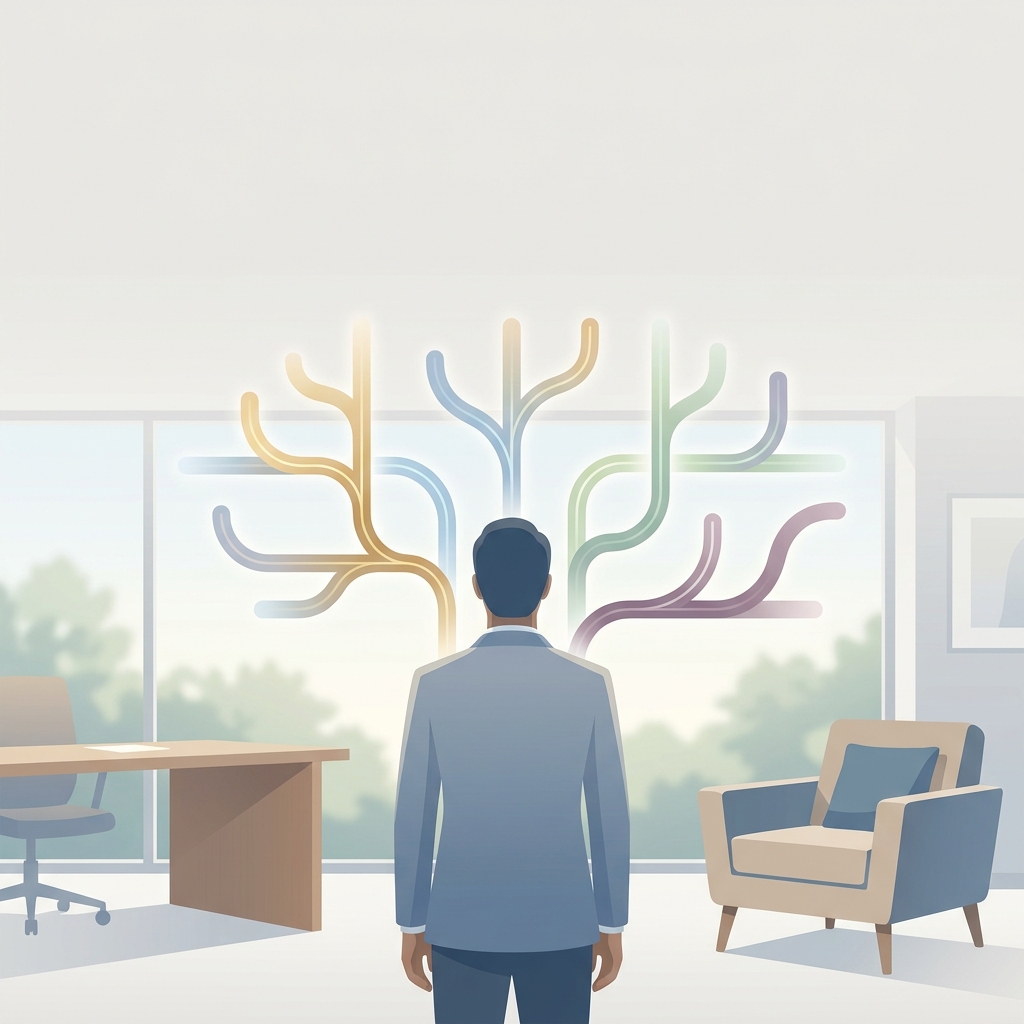 Illustration of a decision pathway representing hair restoration treatment options and evidence levels