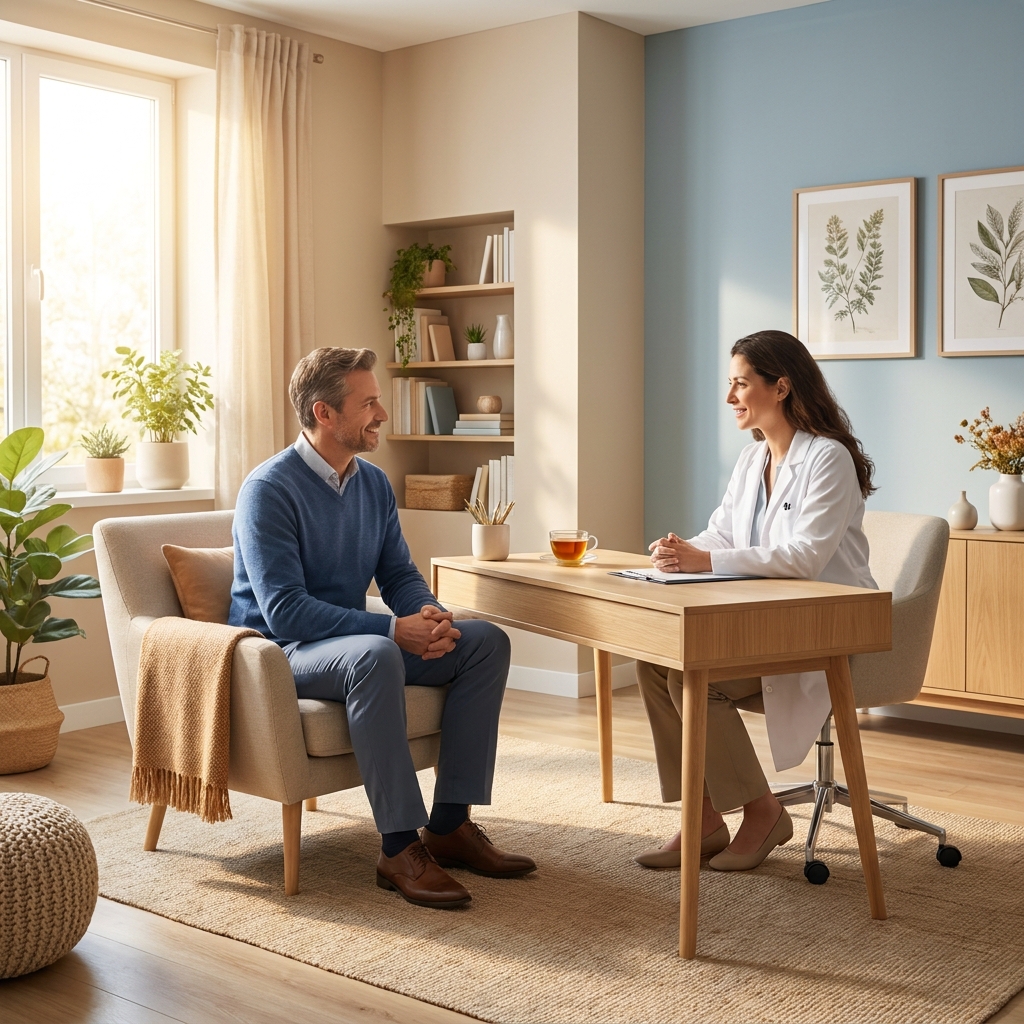 Man in consultation with specialist discussing male hair restoration options