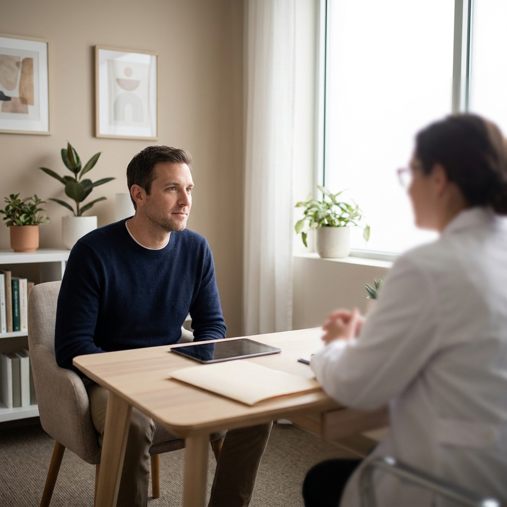 Patient and doctor discussing scalp micropigmentation NYC consultation in a calm clinic setting
