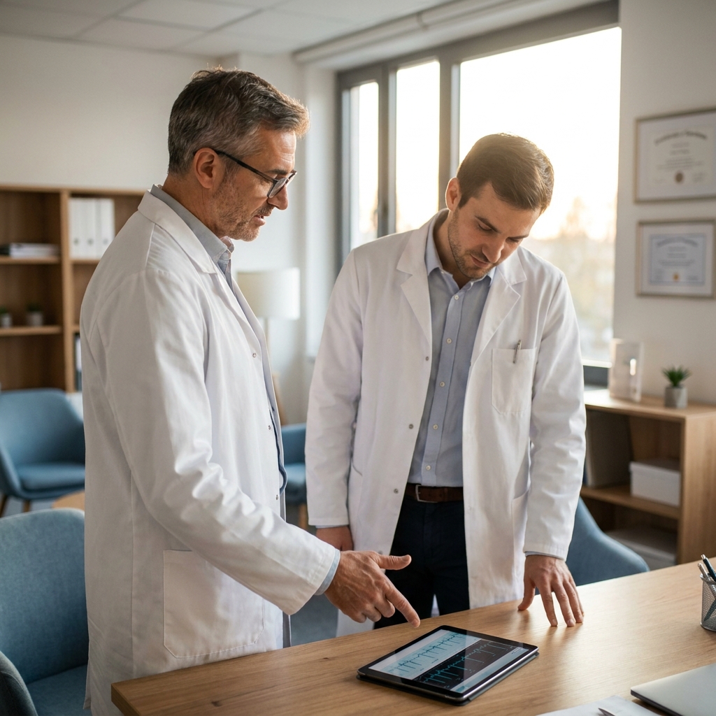 Two physicians discussing credentials, representing trust in choosing a hair restoration company