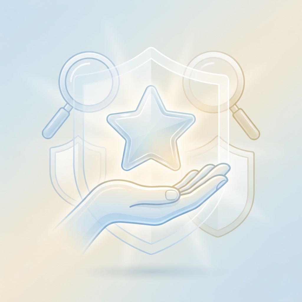 Glowing star and shield icons symbolizing trust in hair restoration reviews