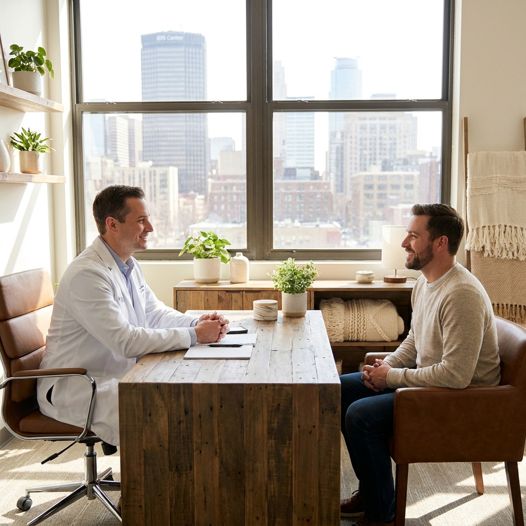 Doctor and patient consulting about hair transplant Minneapolis options in a modern office