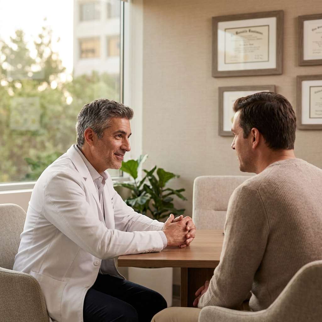 Patient consulting with a trusted hair restoration dermatologist in a modern clinic setting