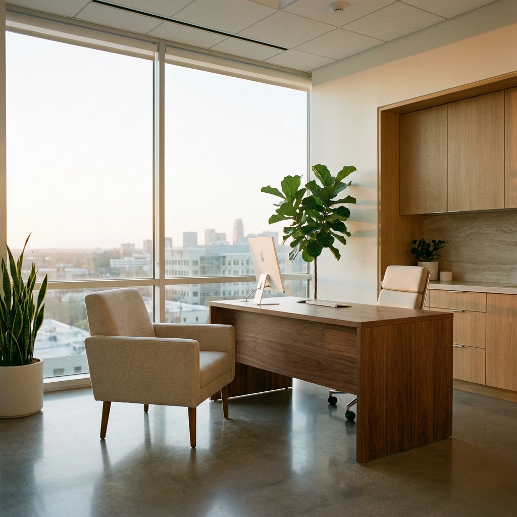 Modern, calm consultation room representing a trustworthy hair restoration clinic