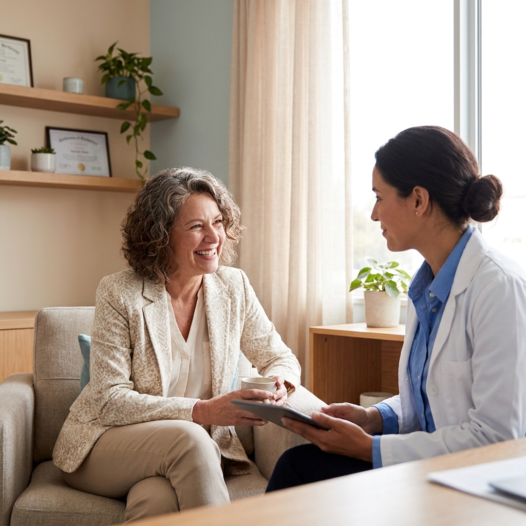 Woman consulting with doctor about the best hair transplant for women in a modern clinic
