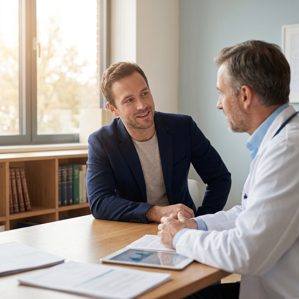 Man consulting with physician about hair restoration for men in a modern clinic setting