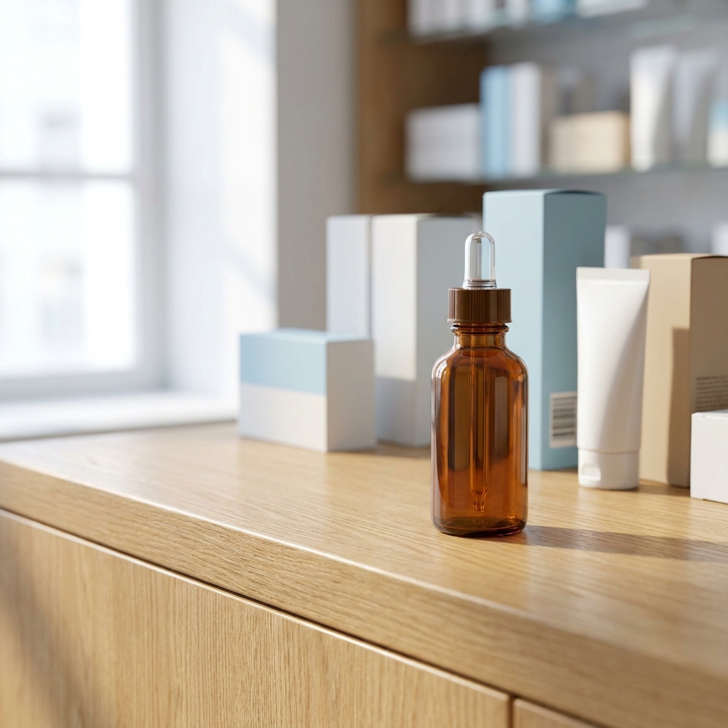 Single hair loss treatment over the counter bottle standing out among blurred pharmacy products