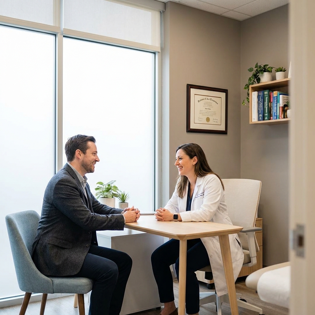 Patient and doctor discuss FUE hair transplant Minneapolis options in a professional consultation room