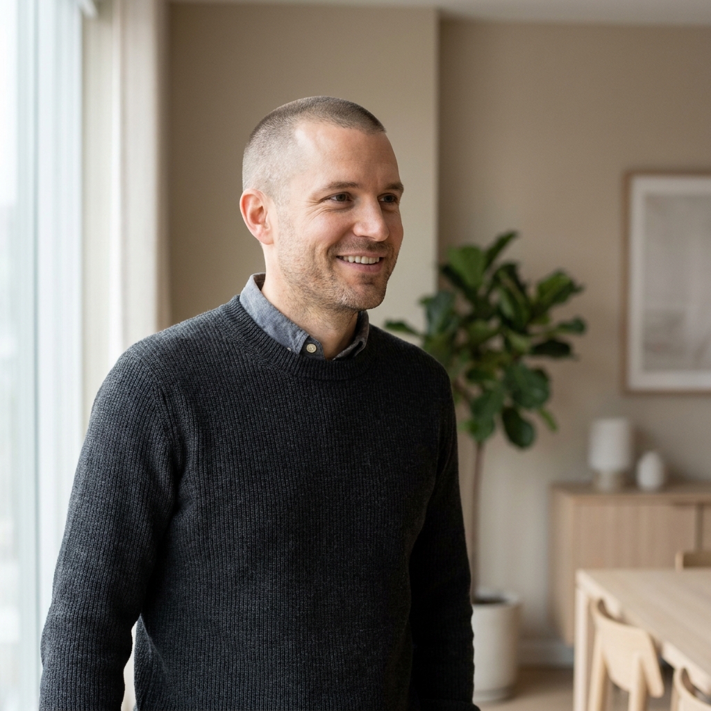 Confident man with buzz cut showing natural results of scalp micropigmentation for hair transplant scars