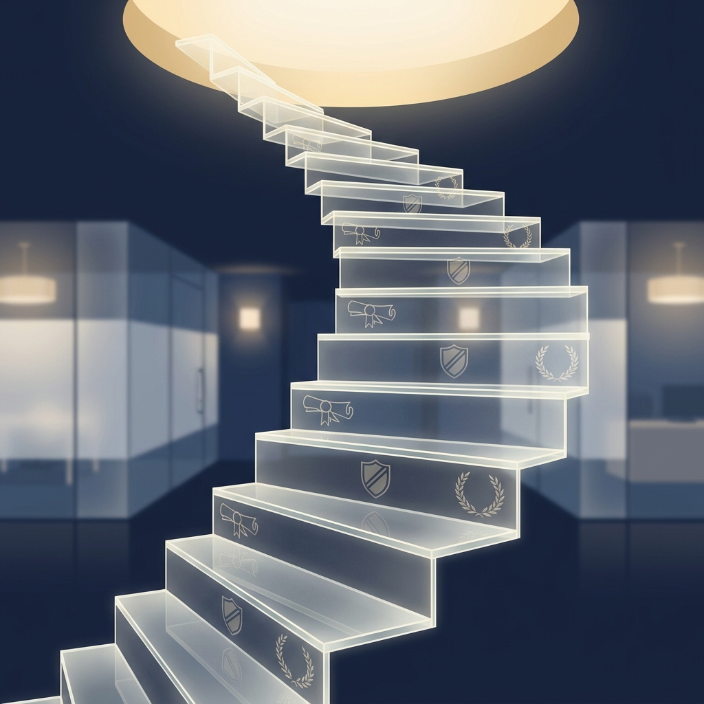 Stairway of trust symbolizing credential hierarchy for hair restoration surgeons