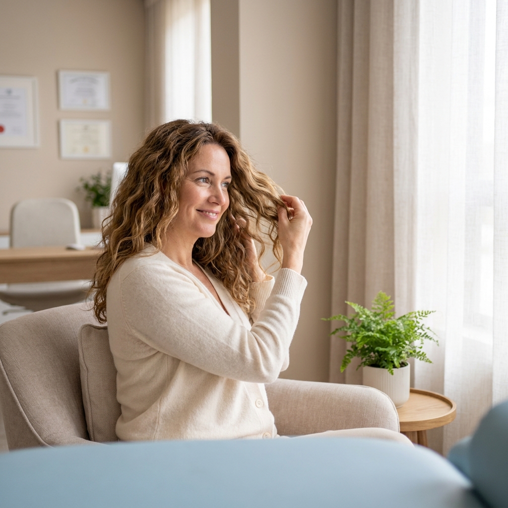 Confident woman with healthy hair in a calming clinic, symbolizing best hair transplant for women