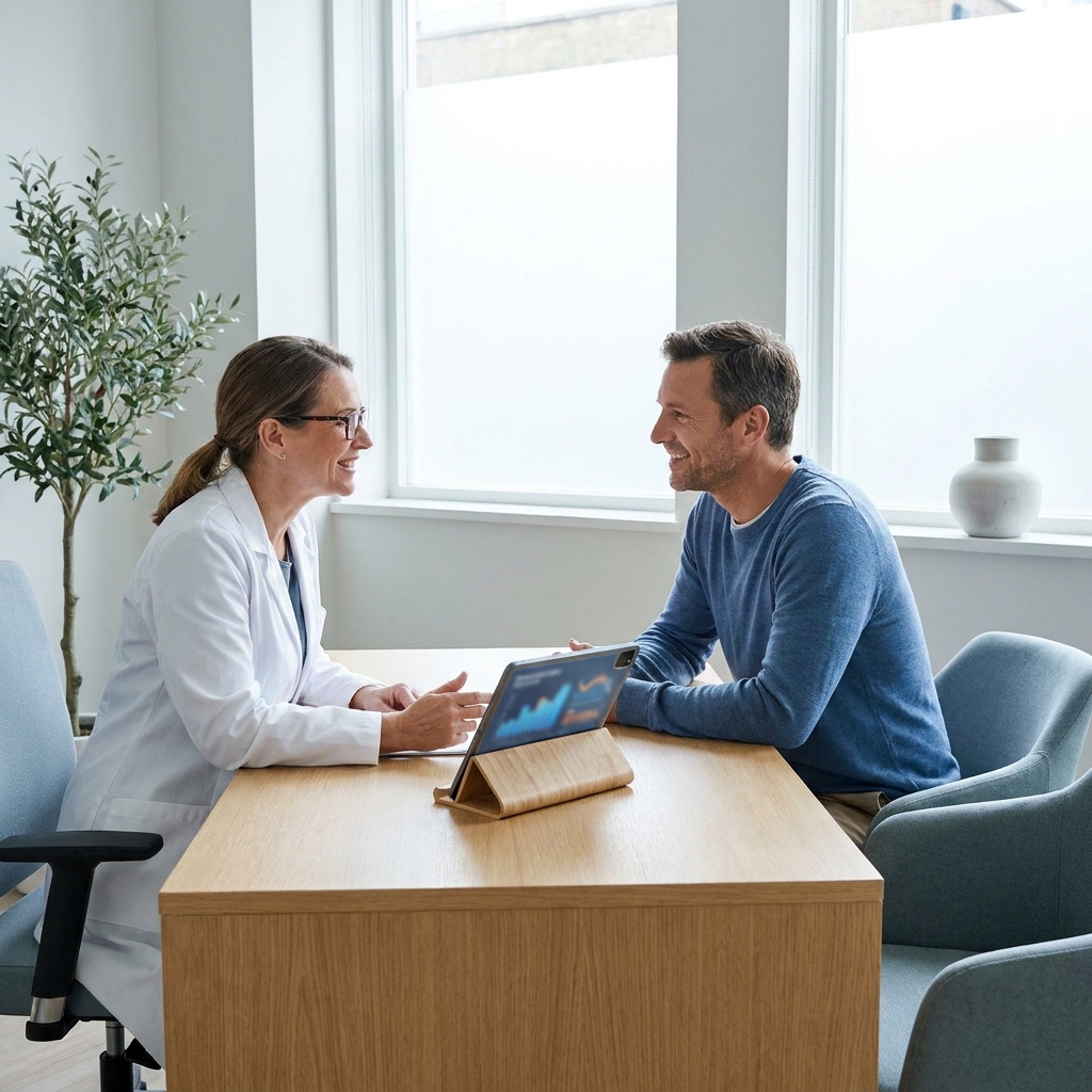 Physician discussing hair transplant side effects with patient in a modern consultation room